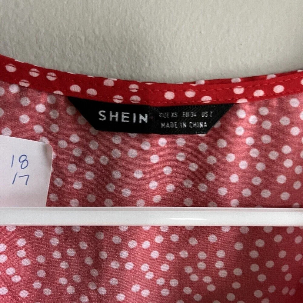 Shein Women’s XS Red Blouse Polka Dot Crop Top Wrap USA Tie Front Ruffle - Picture 2 of 8
